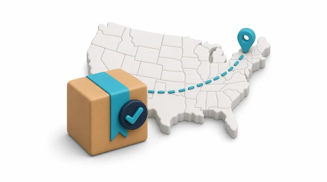 Caja de envío con ruta punteada sobre un mapa de Estados Unidos