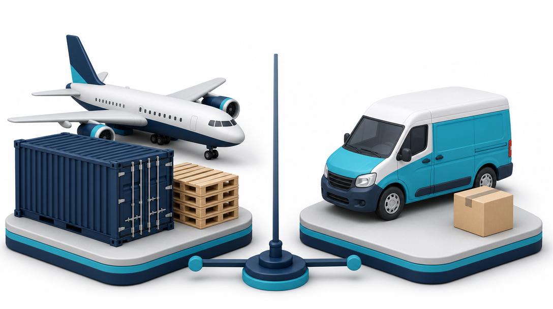 Freight forwarding vs. courier: avión de carga y contenedor frente a una van de reparto