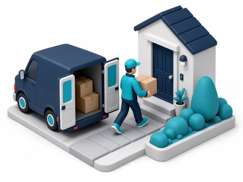 Courier puerta a puerta: repartidor entregando una caja en una casa